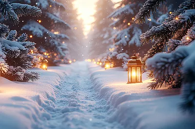 Verschneiter Waldweg mit tiefen Fußspuren, gesäumt von Tannen, auf denen Schnee liegt, und warm leuchtenden Laternen entlang des Pfads. Sanft fallender Schnee und goldenes Licht schaffen eine ruhige, winterliche Atmosphäre.