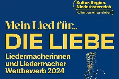 blauer Hintergrund und in gelber Schrift: Mein Lied für ... die Liebe, Liedermacherinnen- und Liedermacher-Wettbewerb 2024