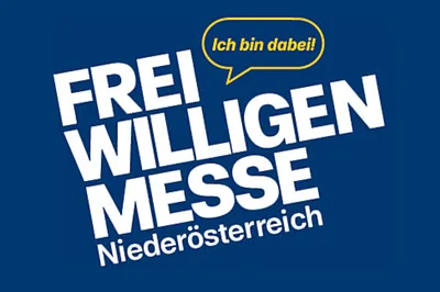 blauer Hintergrund, mit dem Text: Freiwilligenmesse Niederösterreich, Ich bin dabei