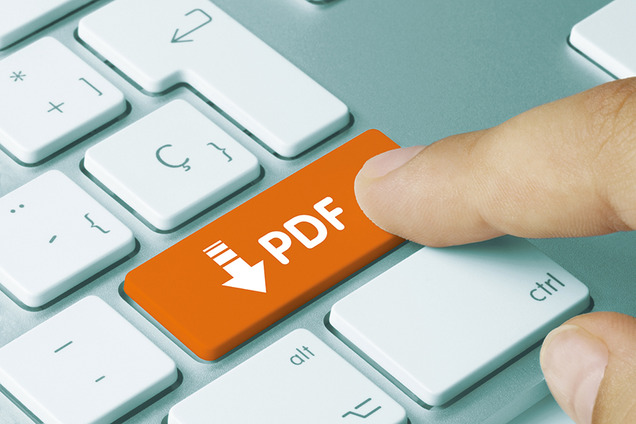 Großaufnahme von einem Finger der auf einer Tastatur auf eine Taste drückt, auf der "pdf" steht.
