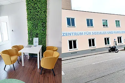 man sieht zwei Bilder: links - ein Tisch mit 4 gleben gemütlichen Sesseln stehen bereit für die Beratungstermine der Bildungsberatung in Schwechat. rechts: Gebäude-Aussenansicht des "Zentrum für Soziales und Familien" in Schwechat in der Sendergasse.