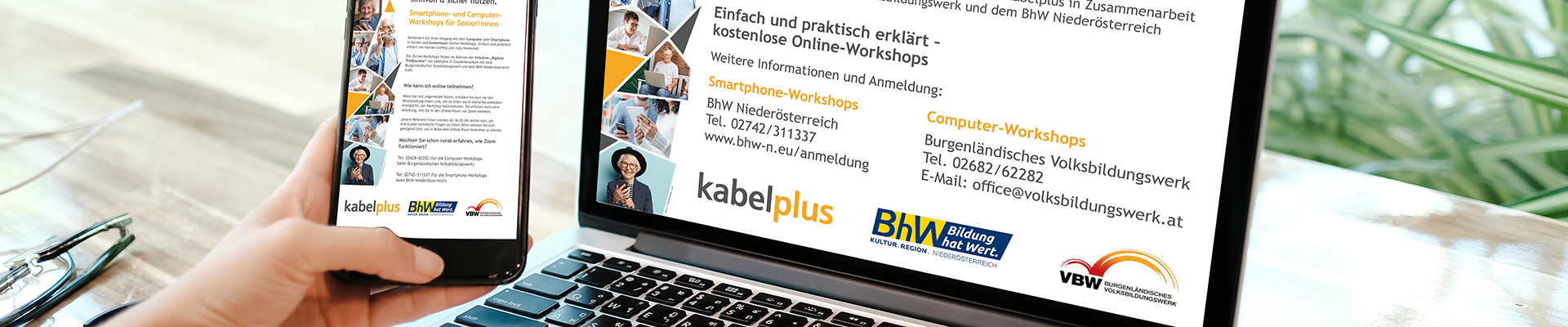 Auf dem Bild sind ein Laptop und ein Smartphone zu sehen, auf deren Bildschirmen die Einladung zu den Online-Workshops eingeblendet ist.
