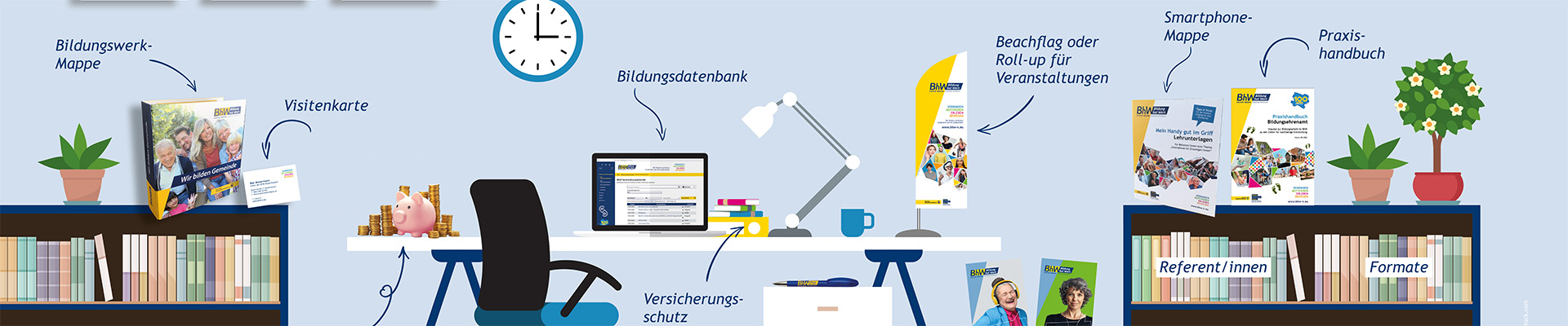 Ein illustriertes Büro mit BhW Produkten und Infos, als Hinweis auf den Mitgliederbereich für BHW Bildungswerke